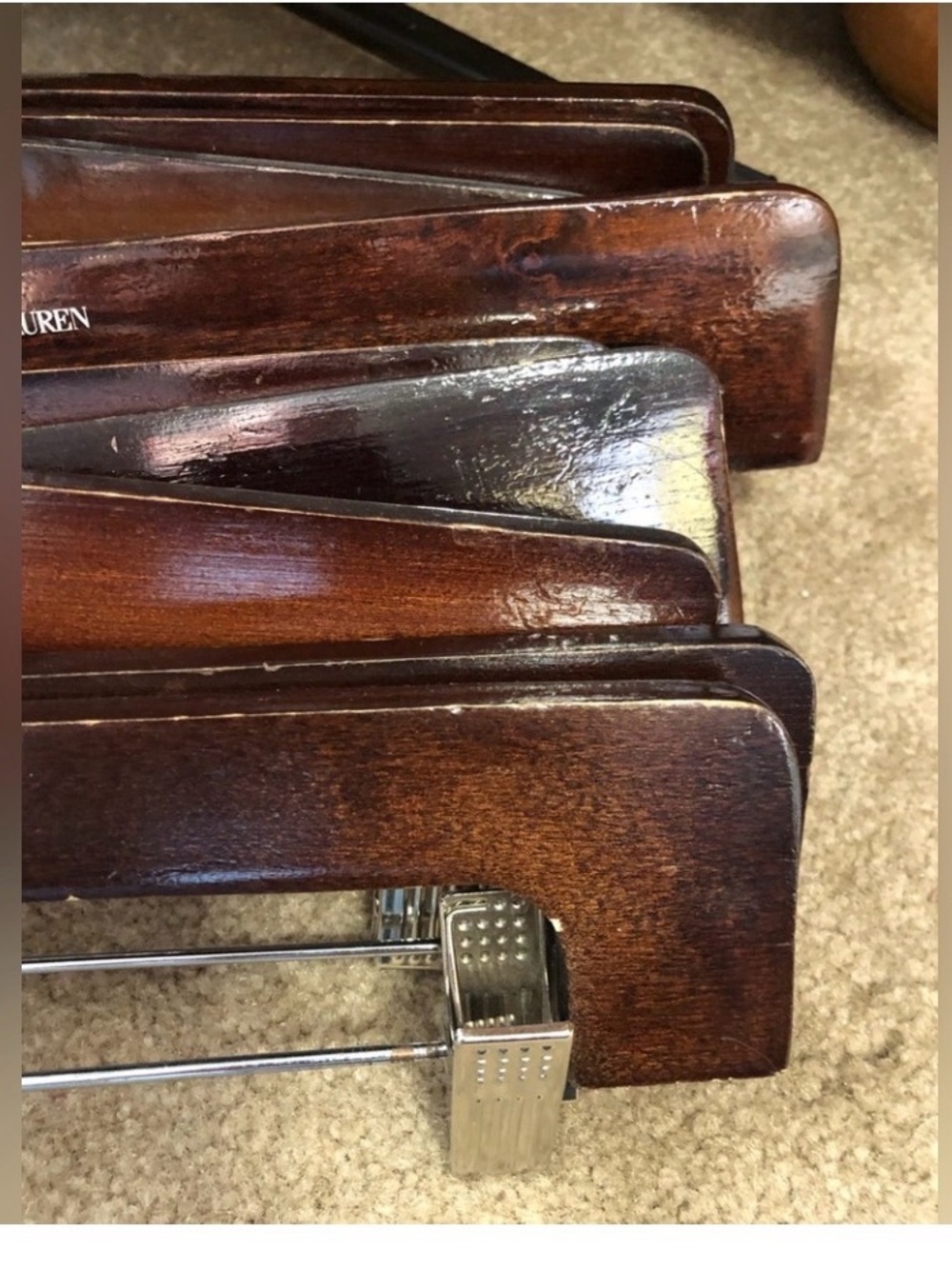 Polo Ralph Lauren Dark Brown Wooden Pant Hangers with Silver Hardware Set of 20 - Picture 3 of 4